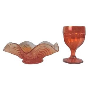 Vintage Bowl And Goblet Handmade Orange Carnival Glass Reverse Ruffled Edges